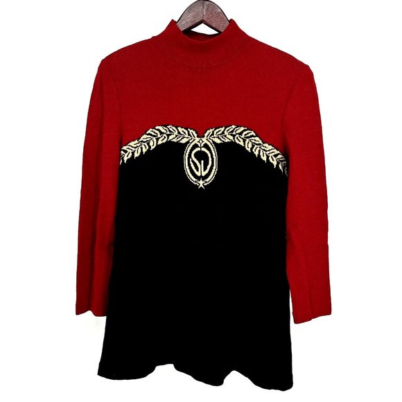 St John Collection Marie Gray Red Black Knit Logo Crest L/S‎ Sweater Small VTG - Picture 1 of 8